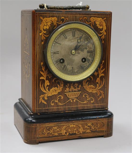 A 19th century French marquetry inlaid rosewood mantel clock, 21.5cm